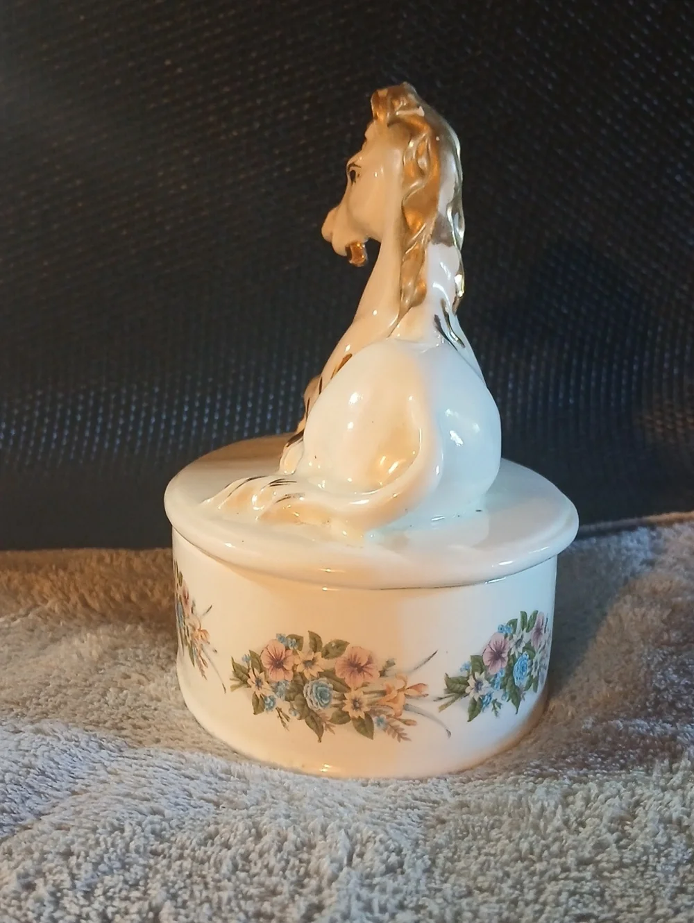 Vintage Porcelain Horse Trinket Box with Floral Banding